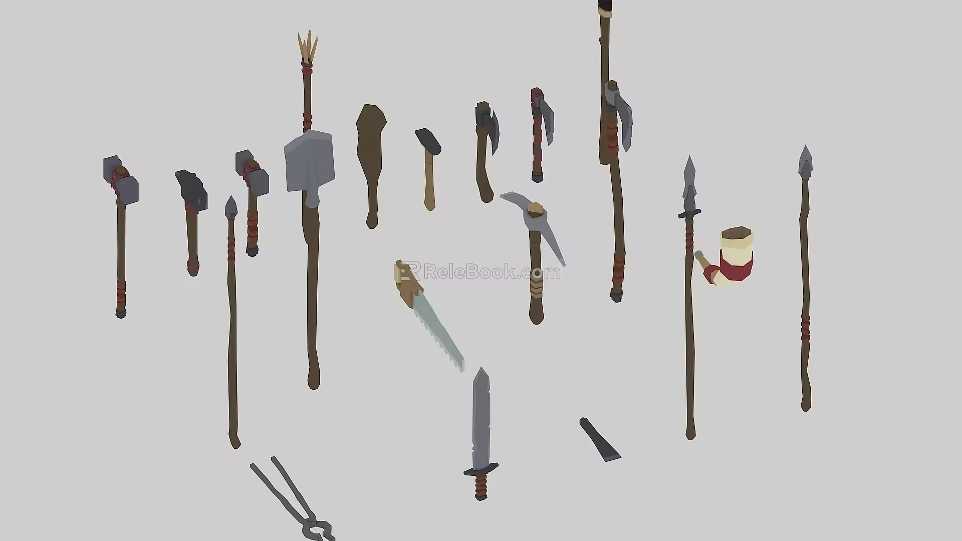 Hand-painted low-die lowpoly low-polygon pixel tool weapon saw hammer axe hammer sword iron pliers spear wooden stick horn 3d model