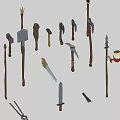 Hand-painted low-die lowpoly low-polygon pixel tool weapon saw hammer axe hammer sword iron pliers spear wooden stick horn 3d model