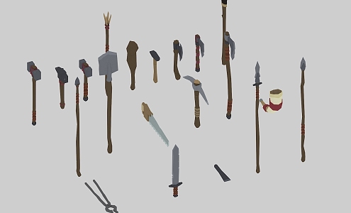 Hand-painted low-die lowpoly low-polygon pixel tool weapon saw hammer axe hammer sword iron pliers spear wooden stick horn 3d model