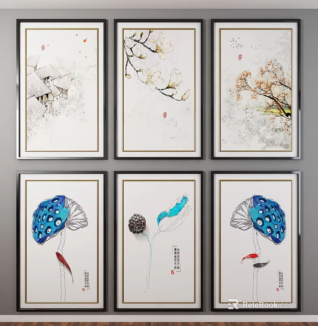 Chinese Style Decorative Paintings With Various Patterns For Home Wall Decor 3d model