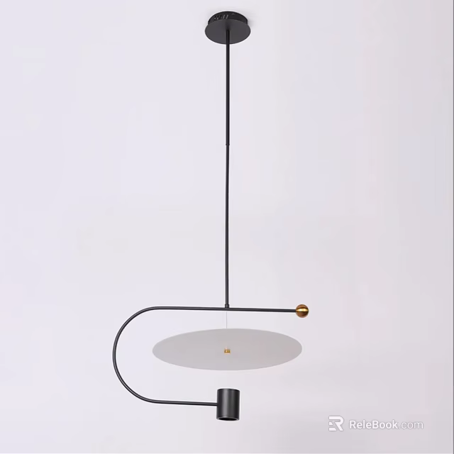 Modern Curved Metal Pendant Light With Circular White Shade And Golden Accent Design 3d model 