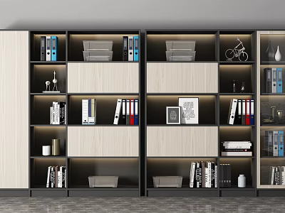 Modern Bookcase Design With Wooden Compartments Books Folders And Decorative Items 3d model