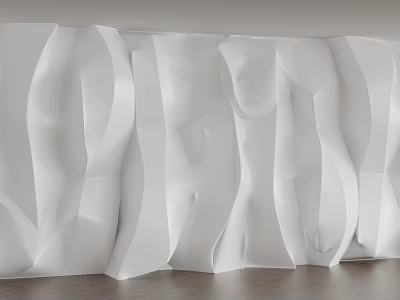 White Curved Wall Art Installation With Wavy Patterns And Wooden Floor 3d model