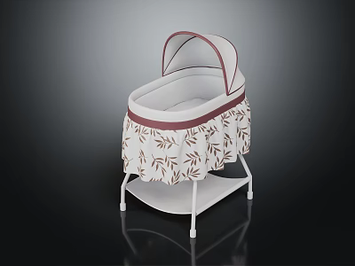 Modern Baby Cradle With White And Maroon Design Leaf Pattern Fabric And White Stand 3d model