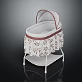 Modern Baby Cradle With White And Maroon Design Leaf Pattern Fabric And White Stand