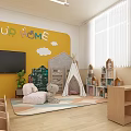 Bright Kindergarten Classroom Interior With Wooden Tables Chairs Play Tent Green Plants And Storage Cabinets