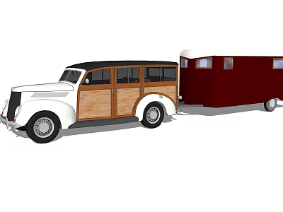 Classic Vintage Car Exterior With Wooden Panels Towing Red Trailer 3d model