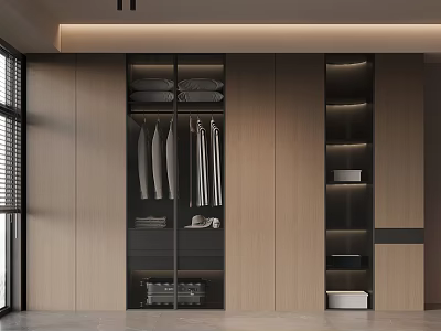 Modern Built in Wardrobe With Glass Doors Light Wood Sleek Design And Hanging Storage 3d model