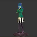 Anime Character 3D Model With Purple Hair Green Coat Striped Skirt Standing On Base