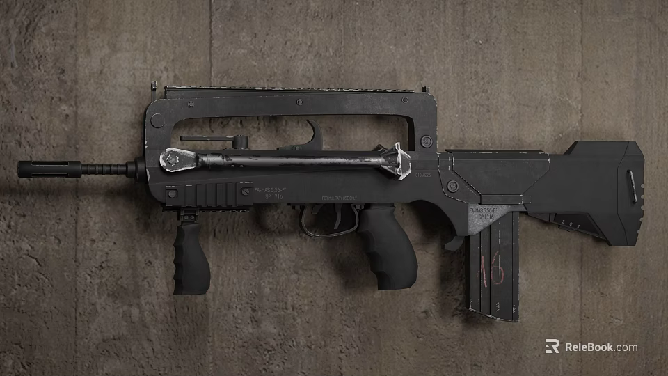 Black Tactical Rifle With Metal And Plastic Parts On Rough Concrete Surface 3d model 