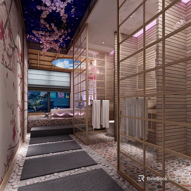 Japanese Style Hotel Guest Room With Cherry Blossom Decor Wooden Lattice And Tatami 3d model 