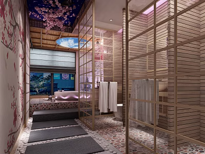 Japanese Style Hotel Guest Room With Cherry Blossom Decor Wooden Lattice And Tatami 3d model