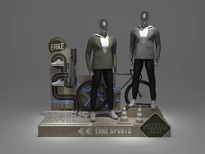 ERKE Sports Window Display With Mannequins Sportswear Bicycle And Limited Edition 3d model