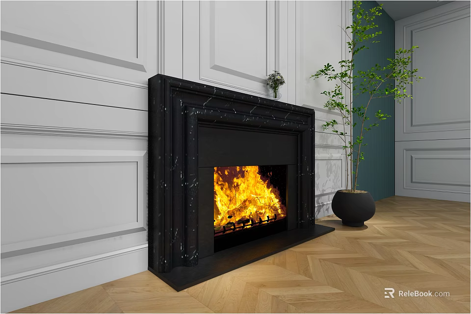 Elegant Black Marble Fireplace With Flames Green Plant And Herringbone Wooden Floor 3d model 