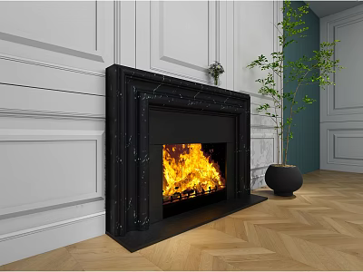 Elegant Black Marble Fireplace With Flames Green Plant And Herringbone Wooden Floor 3d model