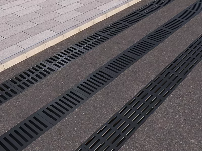 Municipal Road Featuring Black Drainage Grates And Paved Sidewalk Pavement 3d model