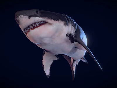 Great White Shark With Open Mouth Sharp Teeth In Deep Dark Ocean 3d model
