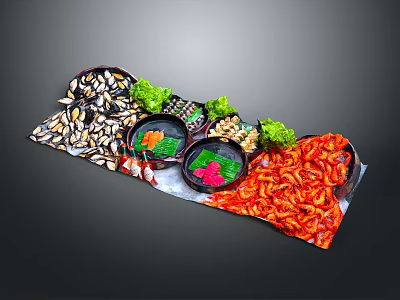 Assorted Food Platter with Red Shrimp Black Melon Seeds Green Garnish and Colorful Sauce 3d model