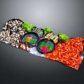 Assorted Food Platter with Red Shrimp Black Melon Seeds Green Garnish and Colorful Sauce