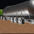 Utility Vehicle with Green Cab Large Silver Tank and Multiple Wheels on Brown Dirt Ground