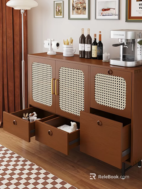Brown Wooden Sideboard With Rattan Door Panels Open Drawers Wine Bottles And Coffee Machine 3d model 