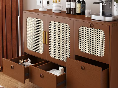 Brown Wooden Sideboard With Rattan Door Panels Open Drawers Wine Bottles And Coffee Machine 3d model