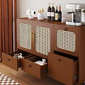 Brown Wooden Sideboard With Rattan Door Panels Open Drawers Wine Bottles And Coffee Machine