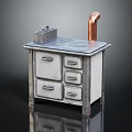 Vintage Metal Stove with Drawers Copper Pipe and Small Container on Top