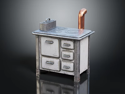 Vintage Metal Stove with Drawers Copper Pipe and Small Container on Top 3d model