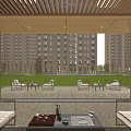 Indoor View of Courtyard Garden With Outdoor Furniture Lawn Paved Flooring and High Rise Buildings
