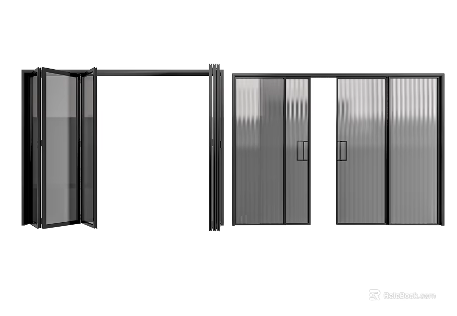 Modern Folding Doors With Glass Panel And Black Frame In Open And Closed Position 3d model 