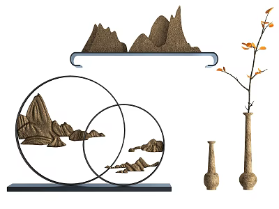 Chinese Style Decorative Ornament Set With Mountain Shaped Ornaments Circular Frames Vases And Flowering Branch 3d model
