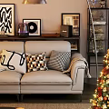 Beige Three Seater Sofa With Decorative Pillows Throw Blanket Floor Lamp And Christmas Tree