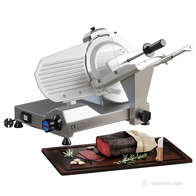 Stainless Steel Electric Meat Slicer For Sliced Meat With Wooden Cutting Board And Herbs 3d model 