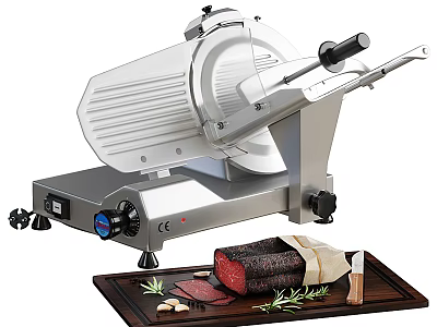 Stainless Steel Electric Meat Slicer For Sliced Meat With Wooden Cutting Board And Herbs 3d model