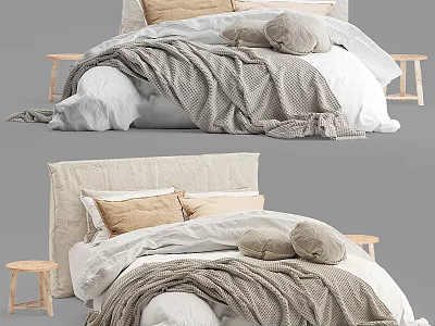 Cozy Minimalist Bedroom Bed With Beige Headboard Pillows Gray Blanket And Wooden Stools 3d model