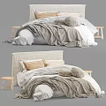 Cozy Minimalist Bedroom Bed With Beige Headboard Pillows Gray Blanket And Wooden Stools