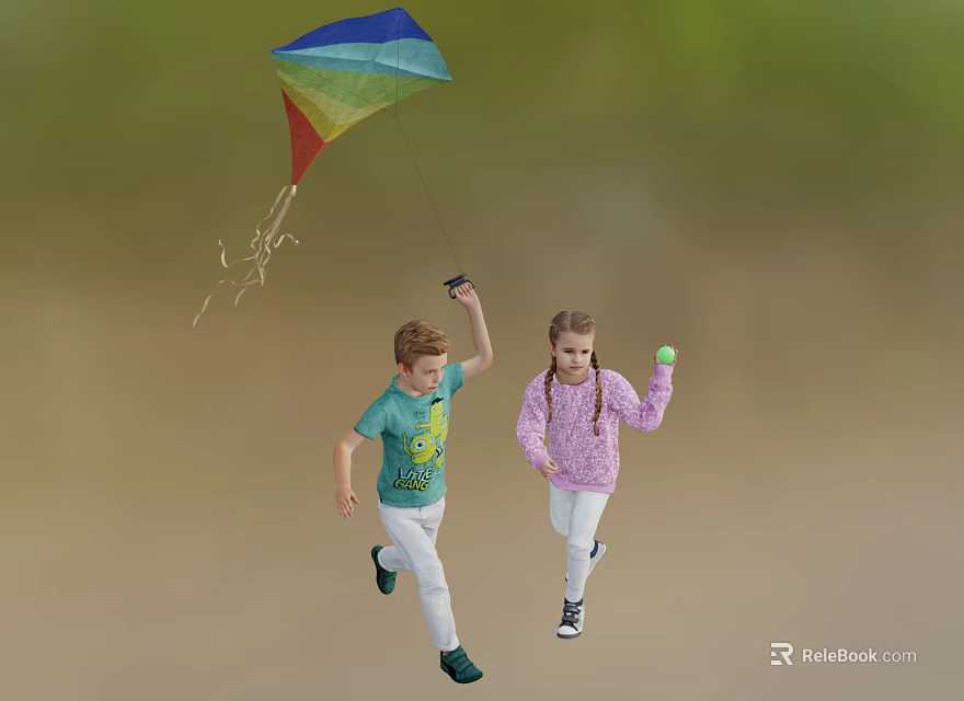 Two Children Running Outdoors Flying Colorful Kite In Green Field 3d model 