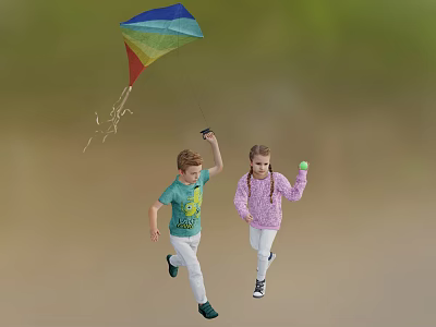 Two Children Running Outdoors Flying Colorful Kite In Green Field 3d model