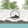 Chinese Feature Wall Design With Circular Mountain Pattern Green Trees And Water 3d model