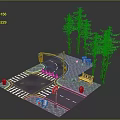 Miniature Crossroad Scene With Traffic Lights Pine Trees Bench Fire Hydrants And Zebra Crossing