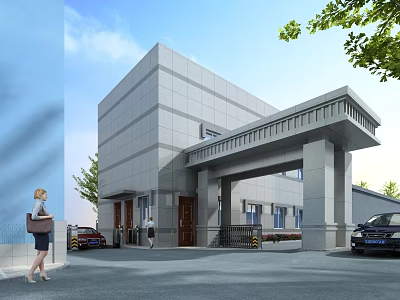 Modern Gray Building Entrance Gate with Stone Portico Columns Trees Pedestrians and Cars 3d model