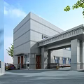 Modern Gray Building Entrance Gate with Stone Portico Columns Trees Pedestrians and Cars