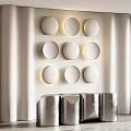 Modern Front Desk Backdrop Design Featuring White Circular Panels Warm Lighting And Silver Metallic Base 3d model