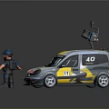Small Car with Yellow Gray Livery Roof Mounted LIDAR Device and Standing Operator Character