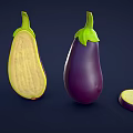 Purple Eggplants Whole And Sliced In Various Sizes On Dark Background