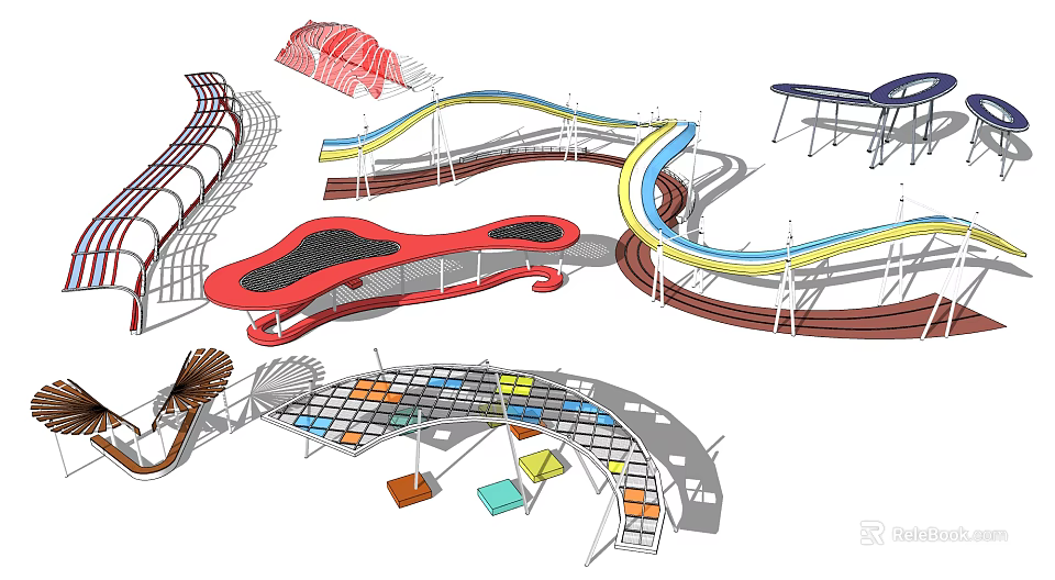 Modern Pergola with Curved Design and Colorful Structural Elements for Landscaping Projects 3d model