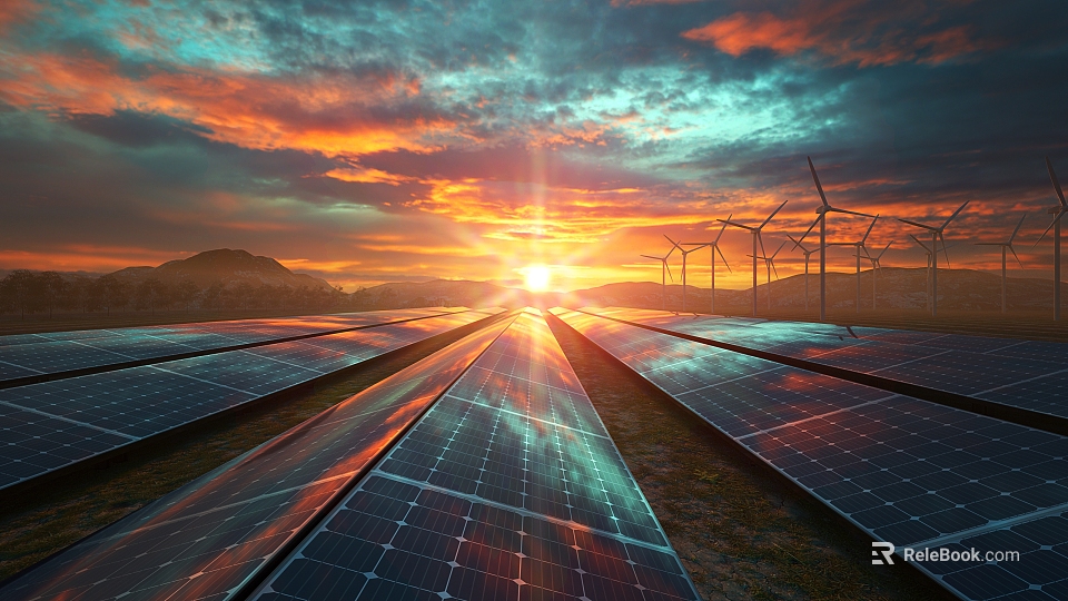 Expansive Solar Panels And Wind Turbines Under Colorful Sunset Sky With Distant Mountains 3d model 