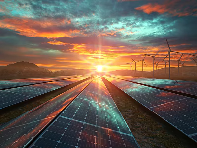 Expansive Solar Panels And Wind Turbines Under Colorful Sunset Sky With Distant Mountains 3d model