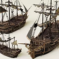 Vintage Sailing Ship Models with Wooden Structure Multiple Masts and Detailed Sails 3d model